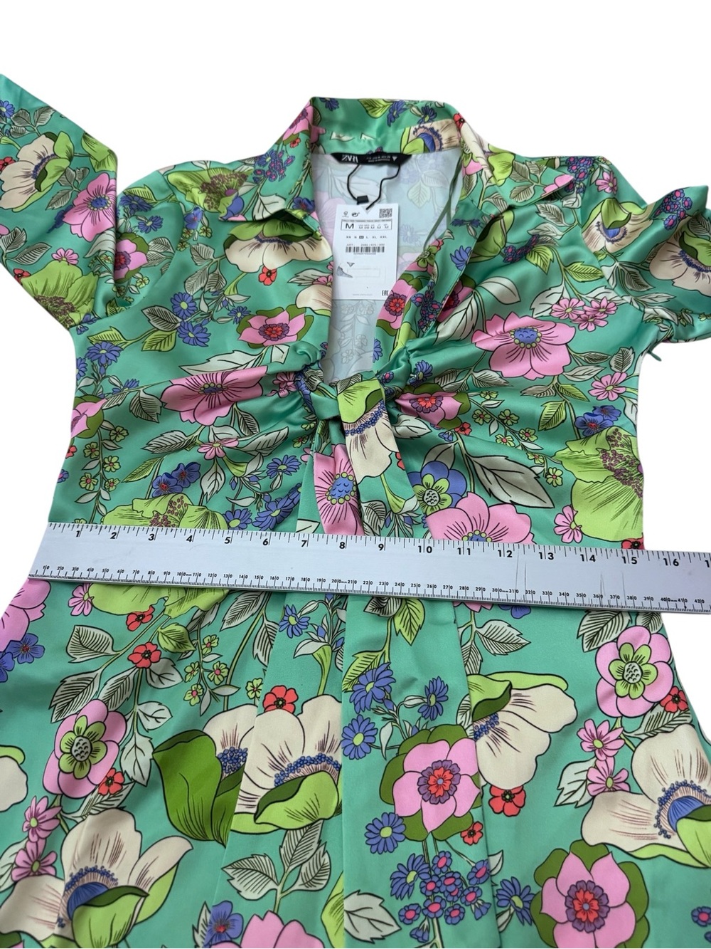 NWT Zara Satin Floral Tie Front Mini Dress Green Size M - Picture 13 of 14
